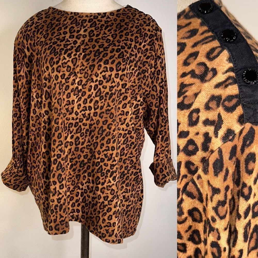 Lauren Ralph Lauren Womens 3X Leopard Print Roll‎ Cuff Sleeve Bold Tshirt Blouse